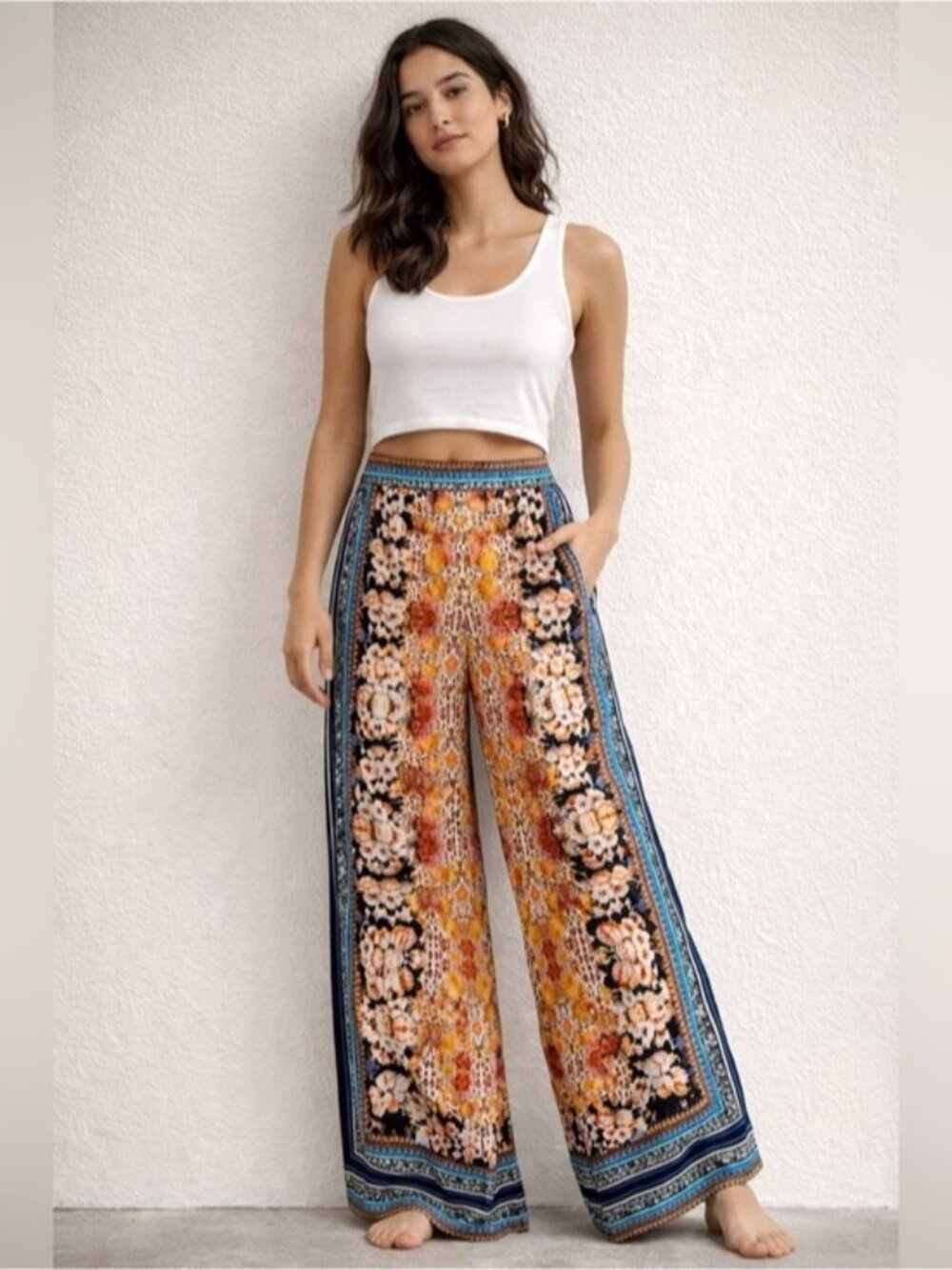 Ranna Gill Floral Printed Wide-Leg Pants Size 0 Boho Palazzo Trousers